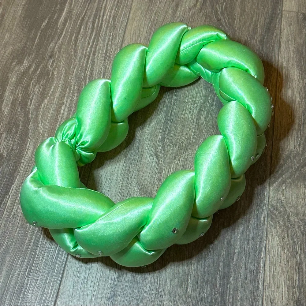 Green Satin Braid Headband With Rhinestones - One Size